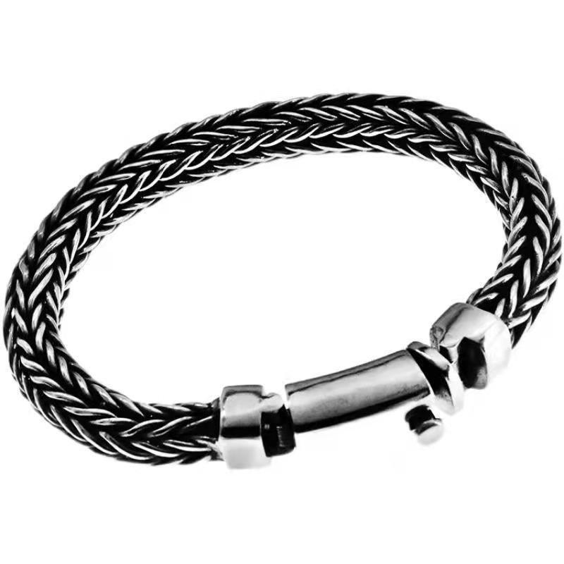 Pure handmade trendy woven bracelet s925 silver retro domineering coarse style men's personalized dragon bone engraved bracelet