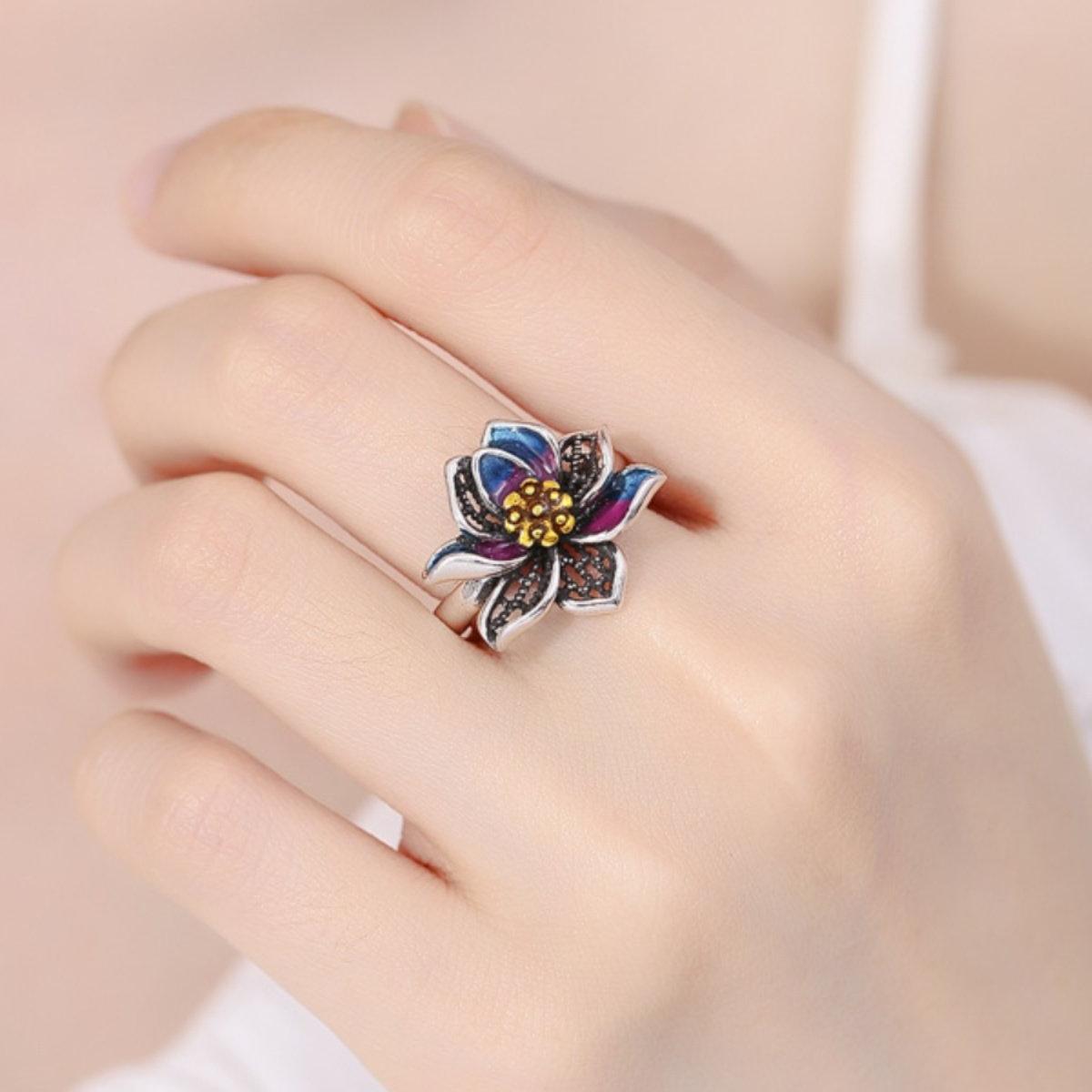 Retro ethnic scenery, Thai blue enamel lotus ring, female personality, simple Thai silver fashion, vintage, living mouth ring