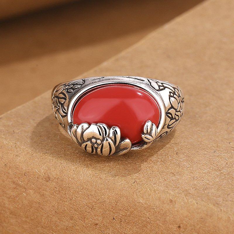 Retro plated s999 Thai silver inlaid with southern red lotus flower ring, women's personalized and fashionable agate adjustable ring with movable mouth