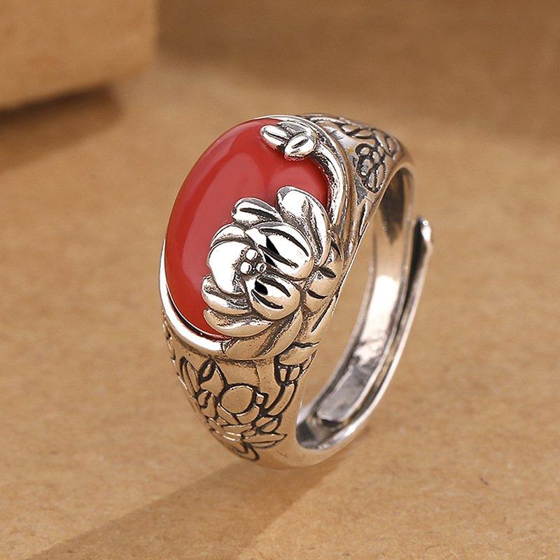 Retro plated s999 Thai silver inlaid with southern red lotus flower ring, women's personalized and fashionable agate adjustable ring with movable mouth