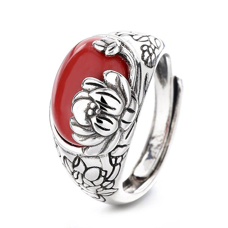 Retro plated s999 Thai silver inlaid with southern red lotus flower ring, women's personalized and fashionable agate adjustable ring with movable mouth