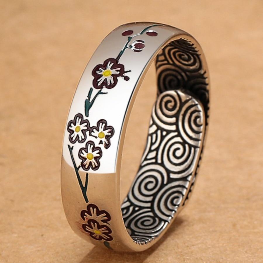 S925 Cloisonn é Retro Smooth Plum Blossom Ring for Women, Fashionable and Personalized, Adjustable Opening, Xiangyun Versatile, Ethnic Style