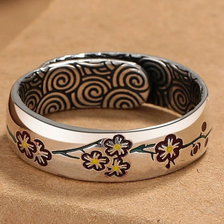 S925 Cloisonn é Retro Smooth Plum Blossom Ring for Women, Fashionable and Personalized, Adjustable Opening, Xiangyun Versatile, Ethnic Style