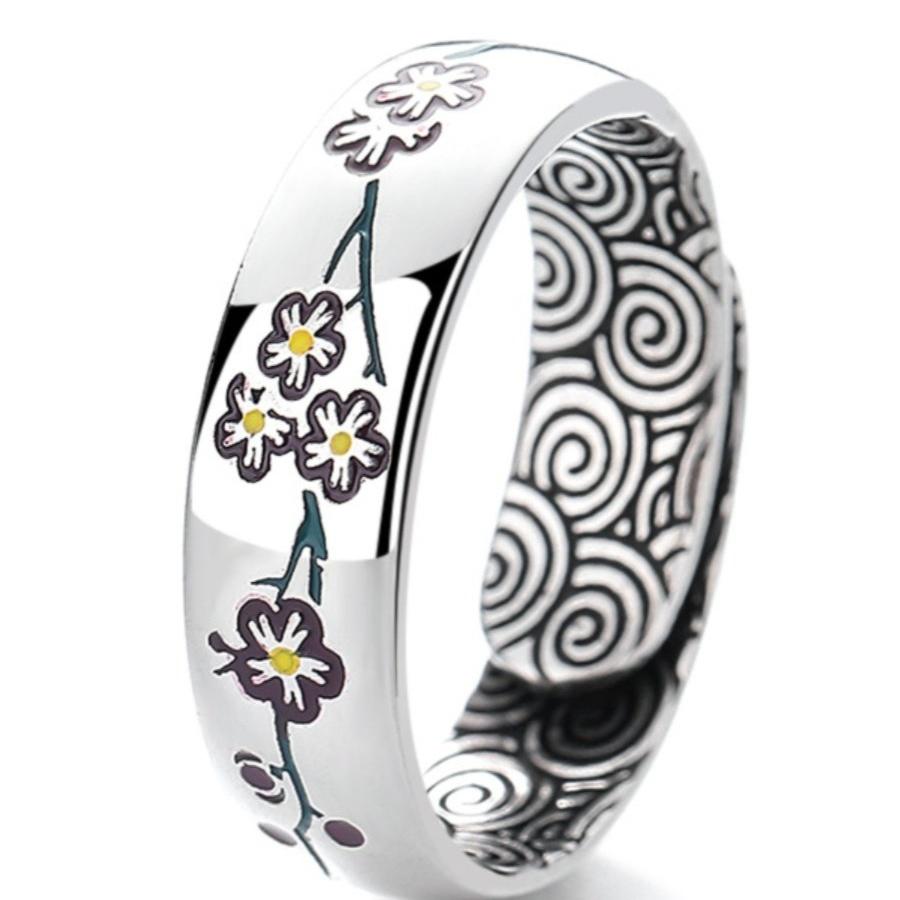 S925 Cloisonn é Retro Smooth Plum Blossom Ring for Women, Fashionable and Personalized, Adjustable Opening, Xiangyun Versatile, Ethnic Style