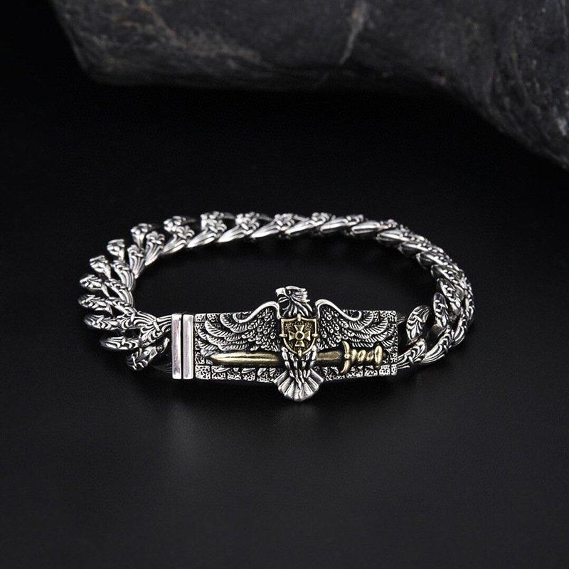 S925 Silver 2024 New Personalized European and American Style Eagle Men's Bracelet 10mm Wide Hip Hop Rock Style Handpiece