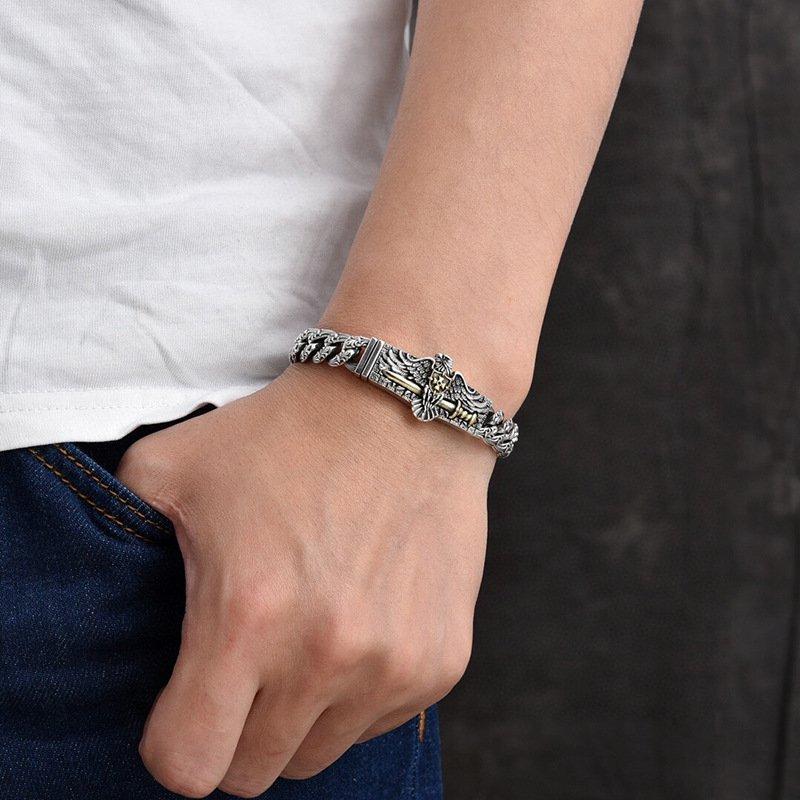 S925 Silver 2024 New Personalized European and American Style Eagle Men's Bracelet 10mm Wide Hip Hop Rock Style Handpiece