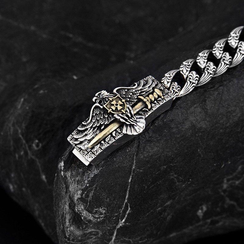 S925 Silver 2024 New Personalized European and American Style Eagle Men's Bracelet 10mm Wide Hip Hop Rock Style Handpiece