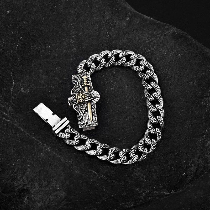 S925 Silver 2024 New Personalized European and American Style Eagle Men's Bracelet 10mm Wide Hip Hop Rock Style Handpiece