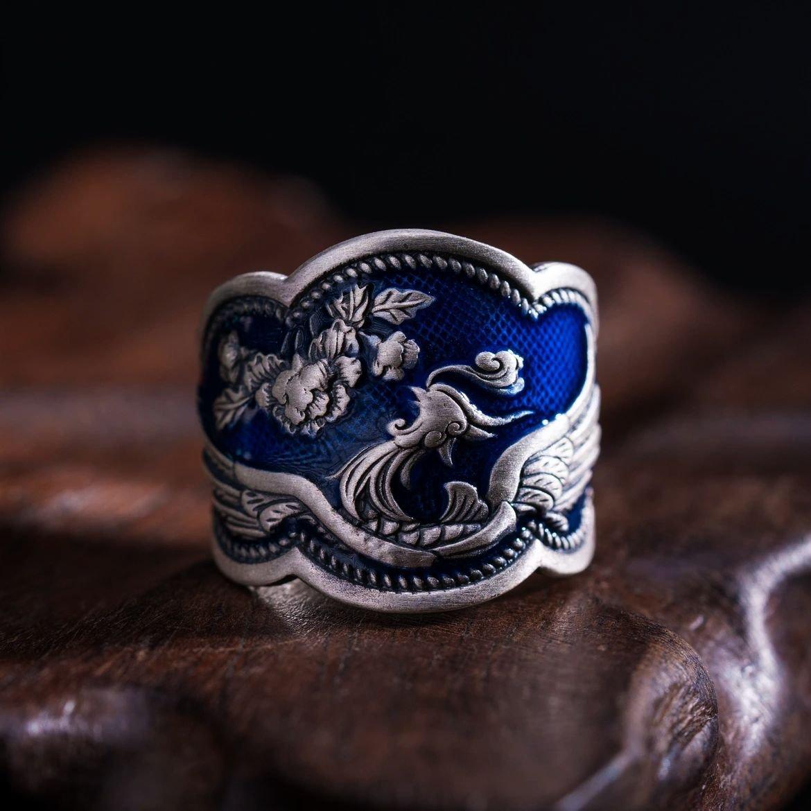 S925 Silver Burnt Blue Craftsmanship Peony Flower Phoenix Ethnic Style Open End Ring for Women Retro, Vintage, Personalized Art Style