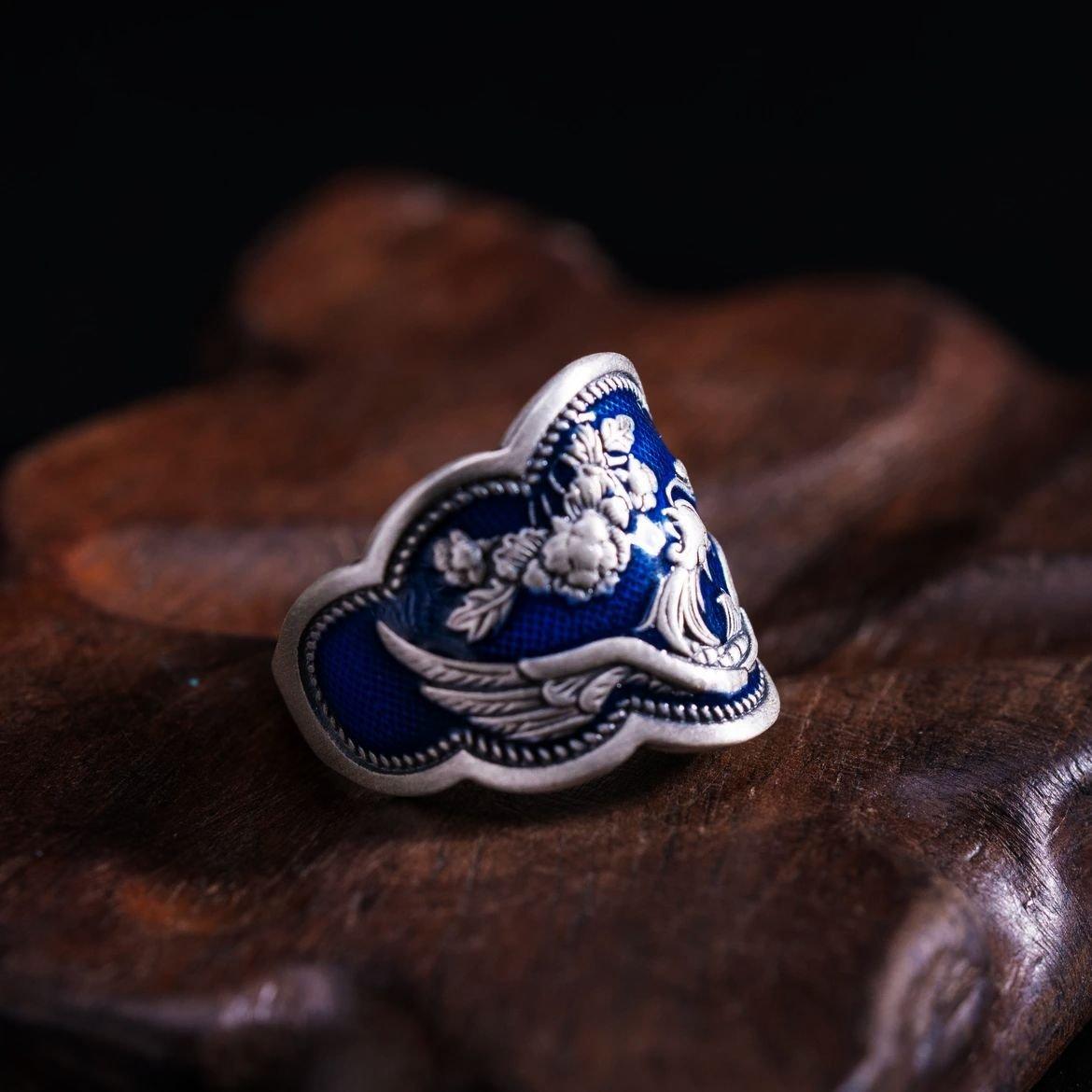 S925 Silver Burnt Blue Craftsmanship Peony Flower Phoenix Ethnic Style Open End Ring for Women Retro, Vintage, Personalized Art Style