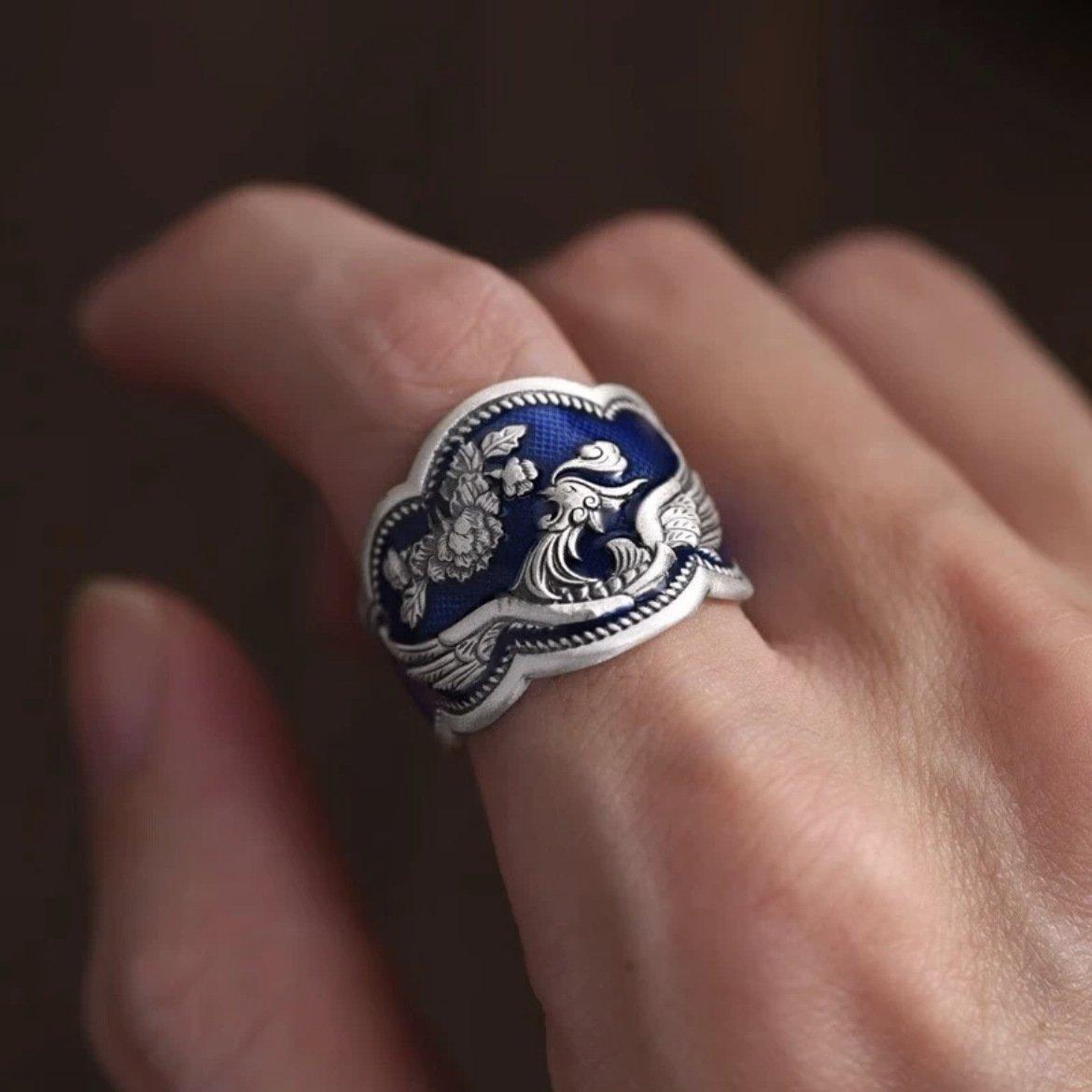 S925 Silver Burnt Blue Craftsmanship Peony Flower Phoenix Ethnic Style Open End Ring for Women Retro, Vintage, Personalized Art Style