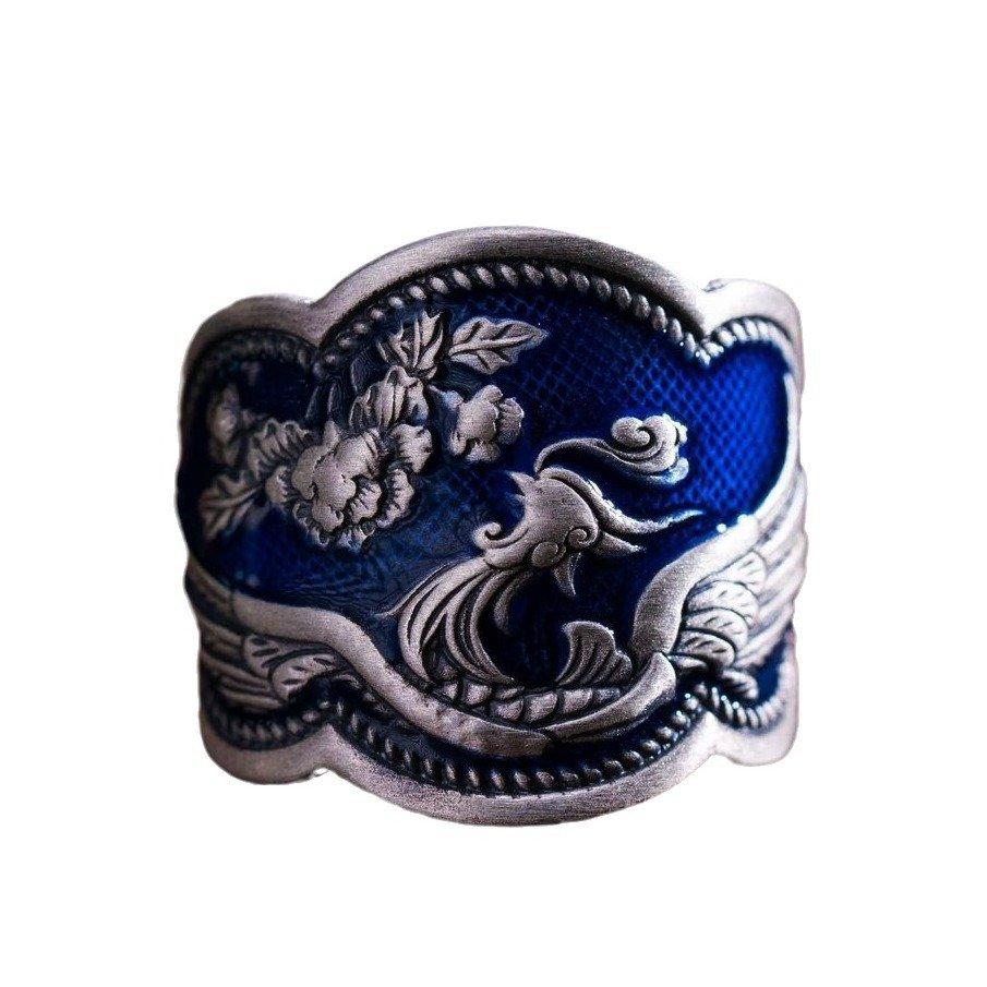 S925 Silver Burnt Blue Craftsmanship Peony Flower Phoenix Ethnic Style Open End Ring for Women Retro, Vintage, Personalized Art Style