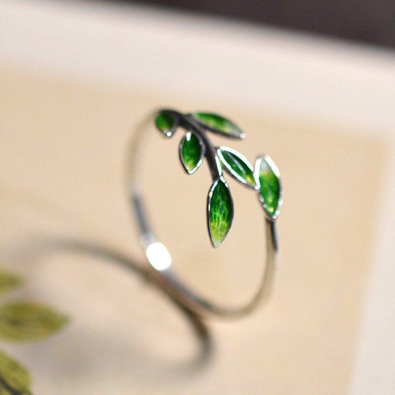 S925 Silver Cloisonne Blue Green Leaf Ring, Women's Style, Ancient, Nostalgic, Literary Style, Drip Glue Opening