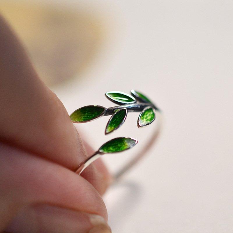 S925 Silver Cloisonne Blue Green Leaf Ring, Women's Style, Ancient, Nostalgic, Literary Style, Drip Glue Opening