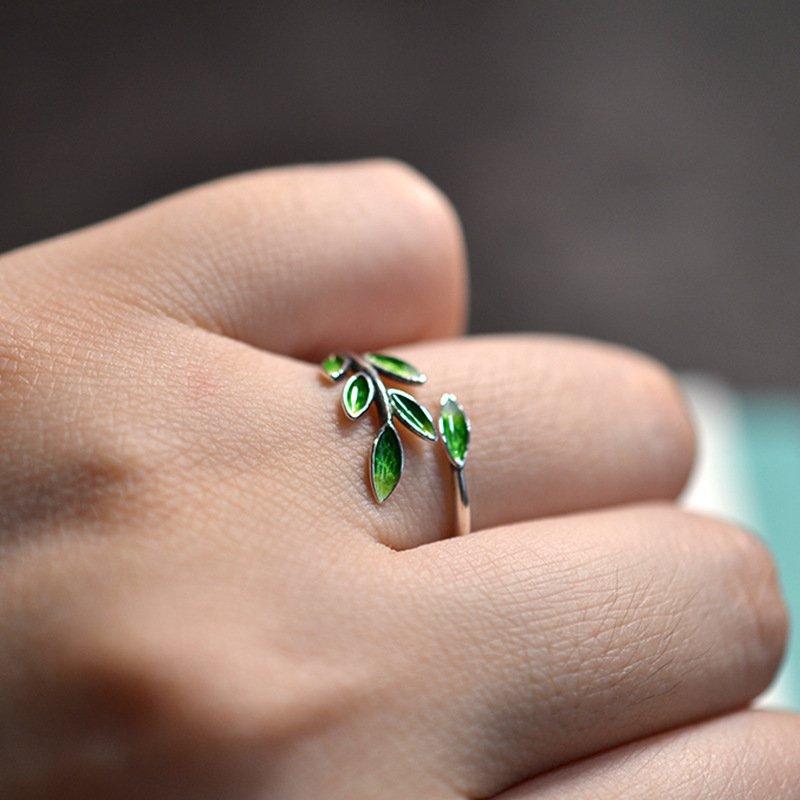 S925 Silver Cloisonne Blue Green Leaf Ring, Women's Style, Ancient, Nostalgic, Literary Style, Drip Glue Opening