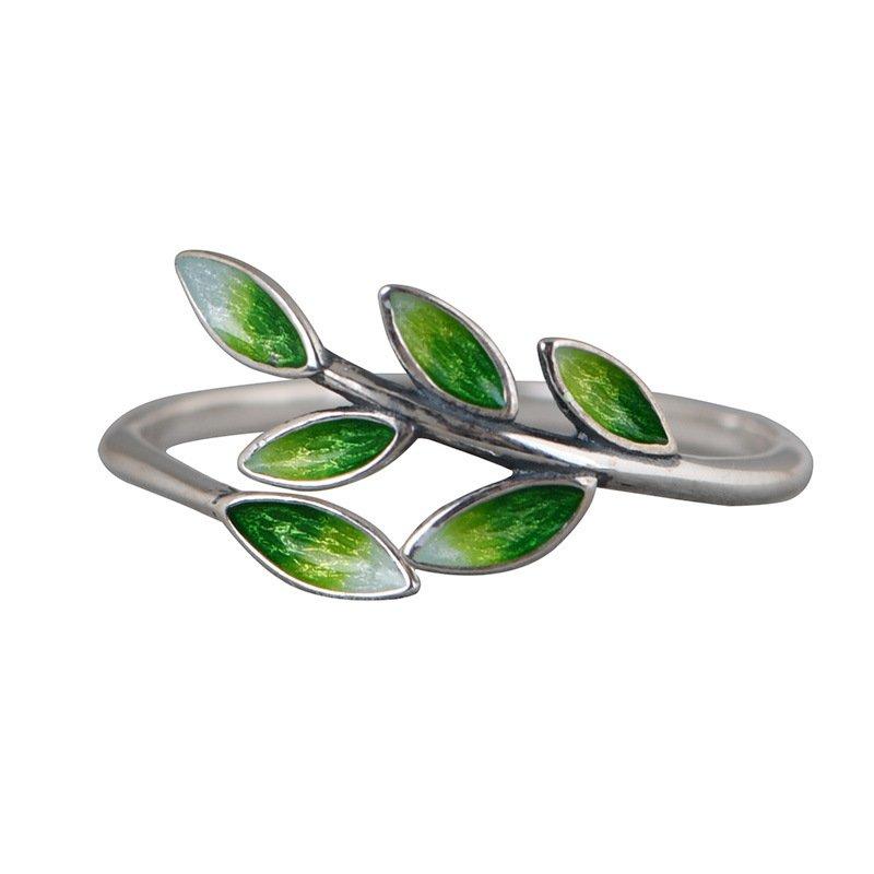 S925 Silver Cloisonne Blue Green Leaf Ring, Women's Style, Ancient, Nostalgic, Literary Style, Drip Glue Opening