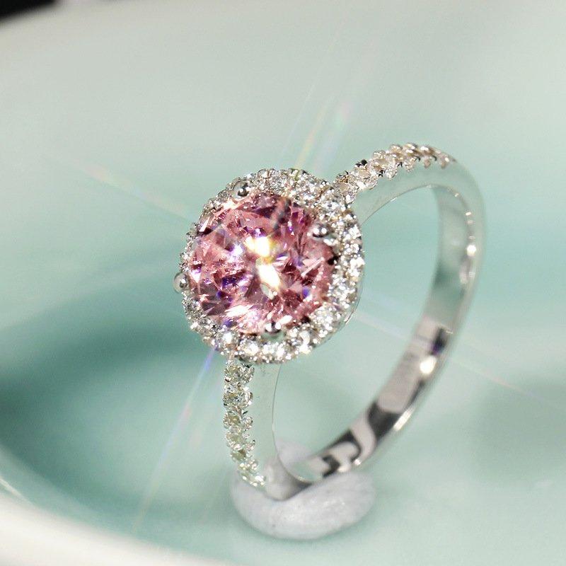 S925 Silver Colored Gemstone Pink Diamond Ring Round Micro Inlaid Fashion Trend Wedding Ring 1 Carat