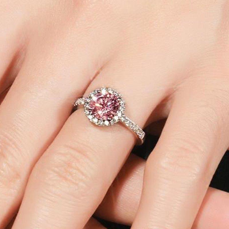 S925 Silver Colored Gemstone Pink Diamond Ring Round Micro Inlaid Fashion Trend Wedding Ring 1 Carat