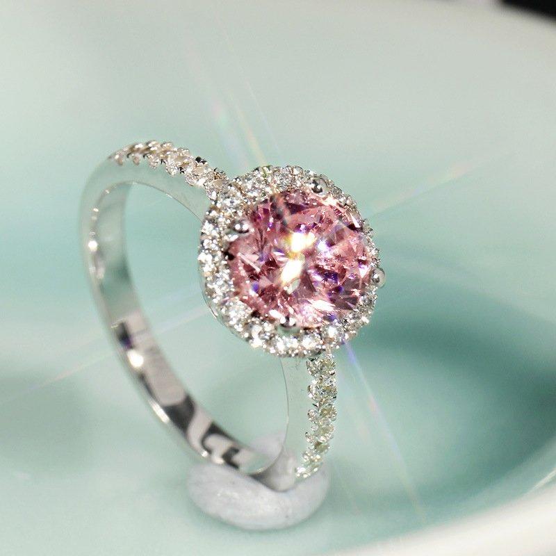 S925 Silver Colored Gemstone Pink Diamond Ring Round Micro Inlaid Fashion Trend Wedding Ring 1 Carat