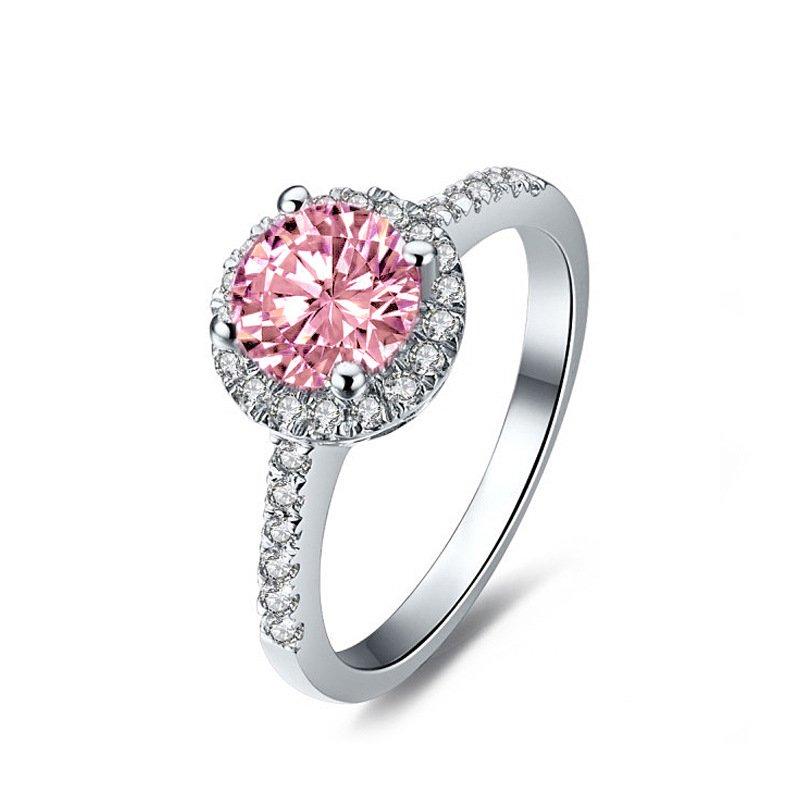 S925 Silver Colored Gemstone Pink Diamond Ring Round Micro Inlaid Fashion Trend Wedding Ring 1 Carat