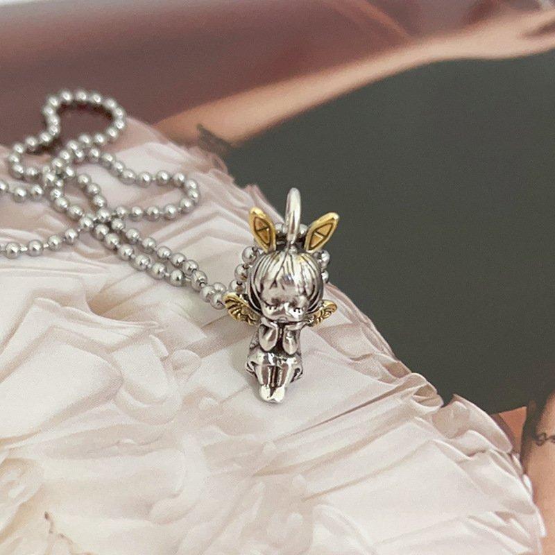 S925 Silver Cute Little Angel Pendant Necklace for Women, Retro Heavy Industry, Cupid Clavicle Chain, Hip Hop Sweater Chain