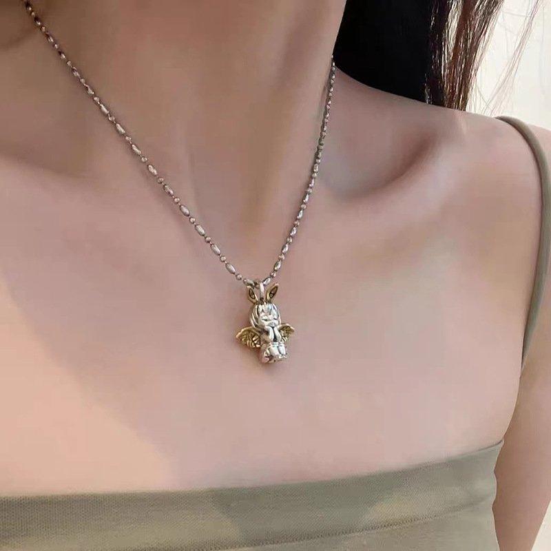 S925 Silver Cute Little Angel Pendant Necklace for Women, Retro Heavy Industry, Cupid Clavicle Chain, Hip Hop Sweater Chain