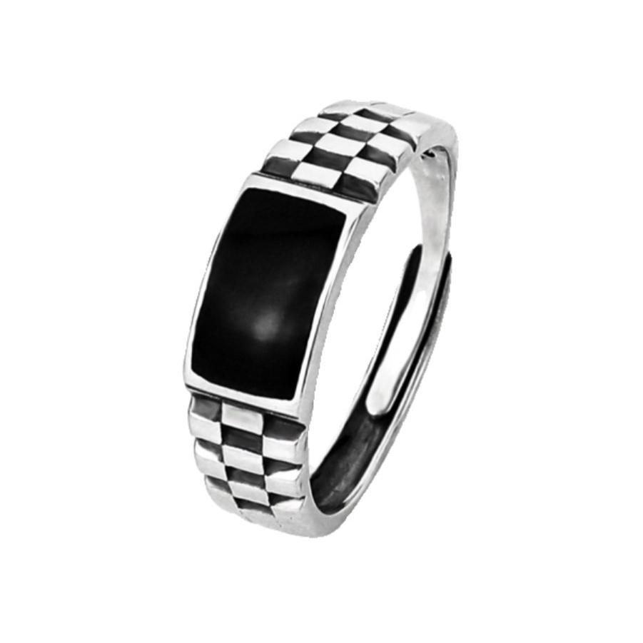 S925 Silver Design Chess Grid Drip Oil Fashion Ring Men's Trendy Cold Style High End Sense Light Luxury Niche Design