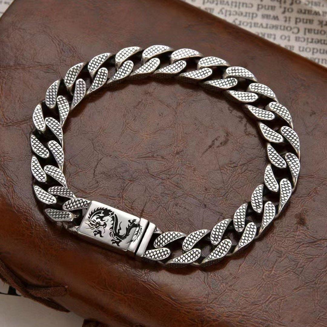 S925 Silver Dragon Pattern Cuban Chain Bracelet Men's Punk Hip Hop Dragon Scale Side Chain Fashion Handmade