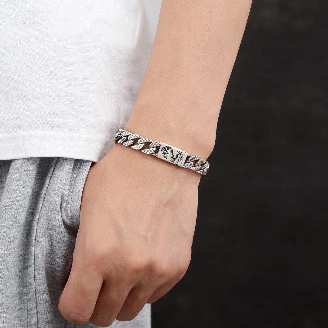 S925 Silver Dragon Pattern Cuban Chain Bracelet Men's Punk Hip Hop Dragon Scale Side Chain Fashion Handmade