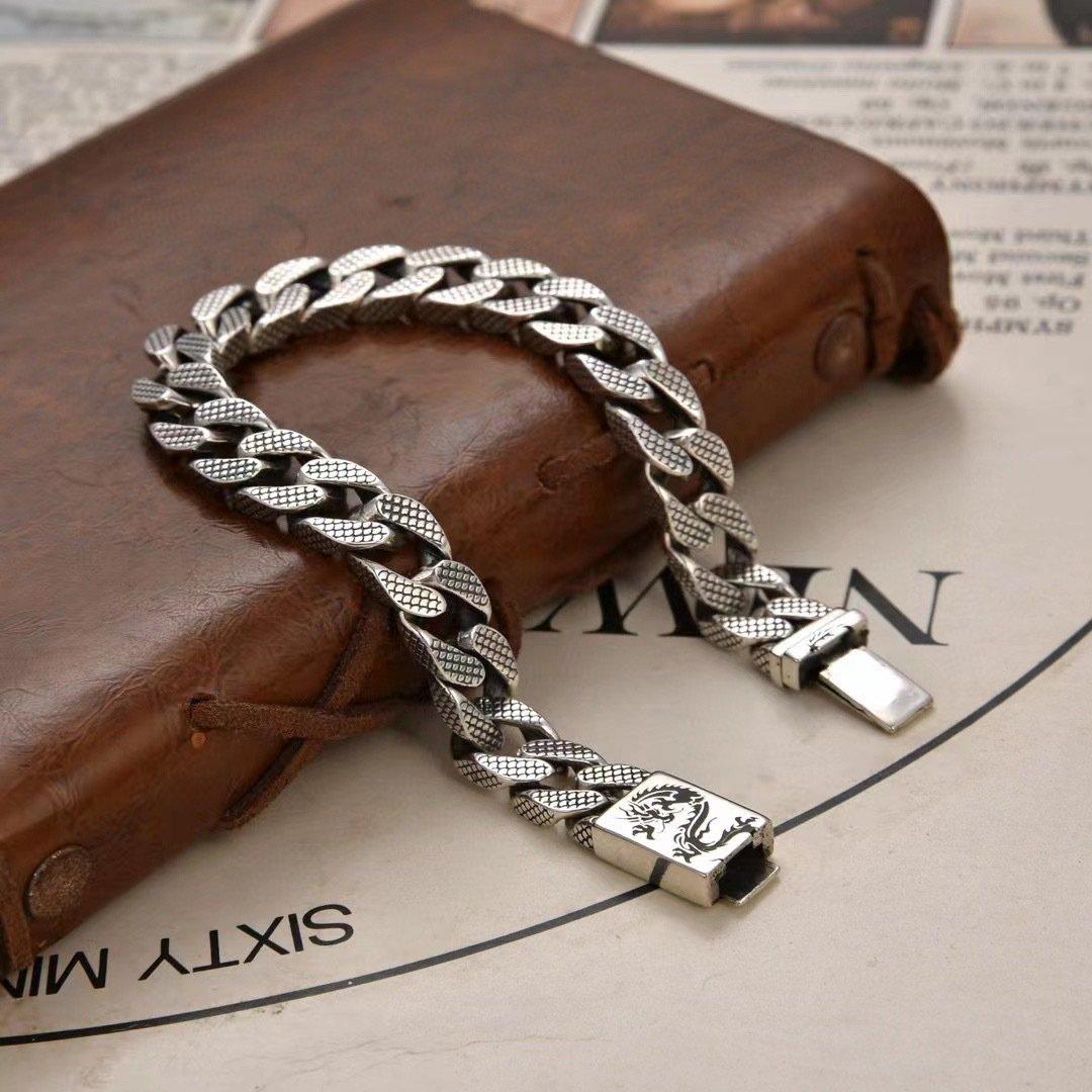 S925 Silver Dragon Pattern Cuban Chain Bracelet Men's Punk Hip Hop Dragon Scale Side Chain Fashion Handmade