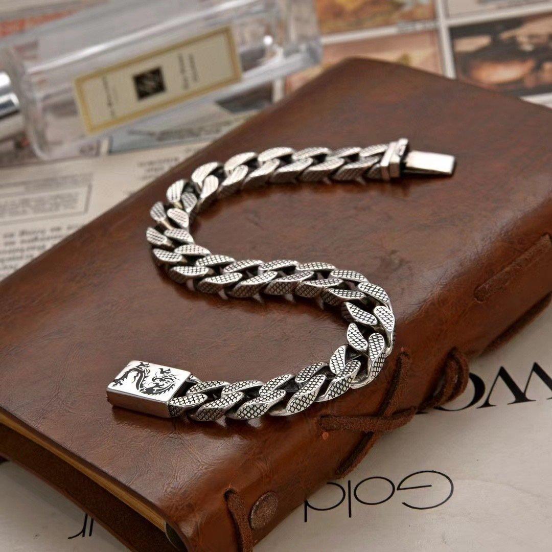 S925 Silver Dragon Pattern Cuban Chain Bracelet Men's Punk Hip Hop Dragon Scale Side Chain Fashion Handmade