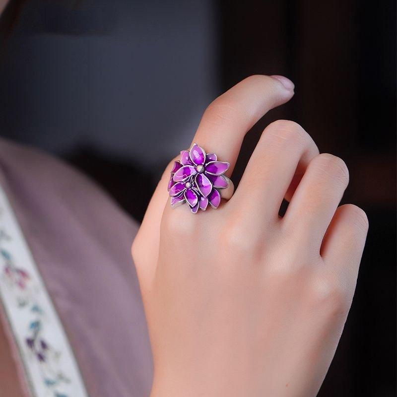 S925 Silver Enamel Blue Flower Ring, Women's Peach Blossom, Lotus, Osmanthus, Ethnic Style, Literature, Retro, Adjustable Faucet