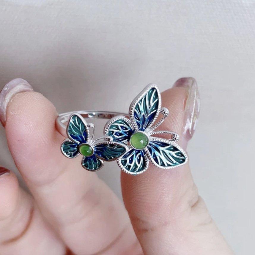 S925 Silver Enamel Craftsmanship Double Butterfly Ring Women's Retro Ethnic Style Literary Style Lively temperament Exquisite Finger