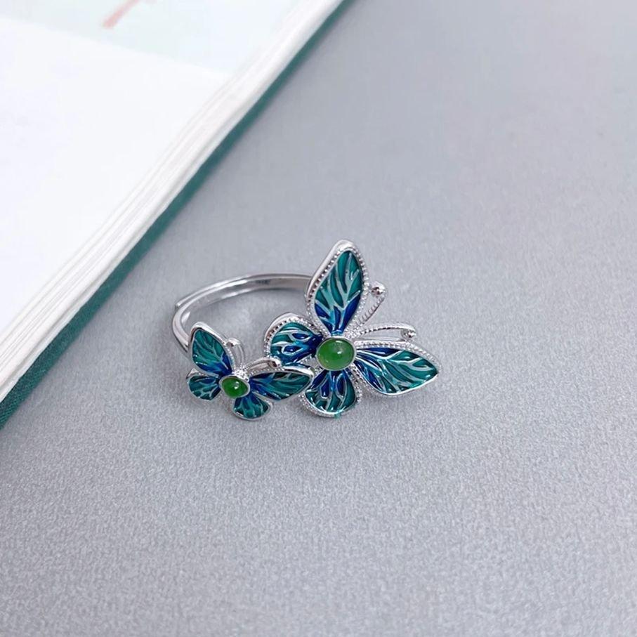 S925 Silver Enamel Craftsmanship Double Butterfly Ring Women's Retro Ethnic Style Literary Style Lively temperament Exquisite Finger