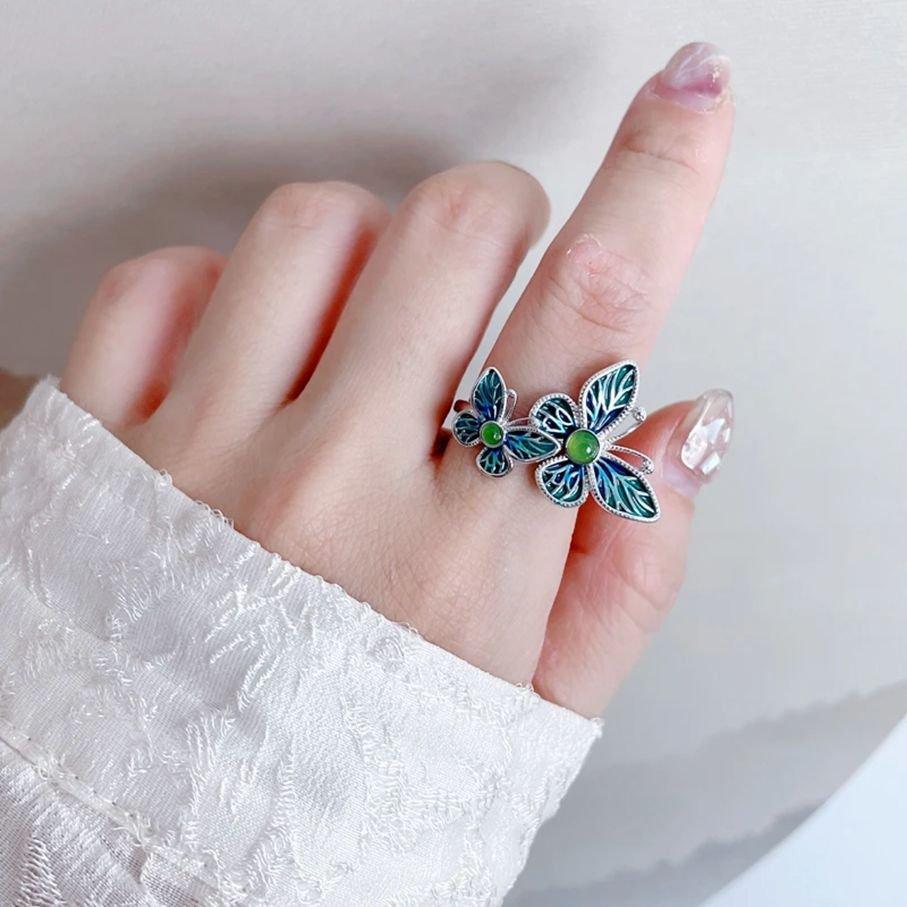 S925 Silver Enamel Craftsmanship Double Butterfly Ring Women's Retro Ethnic Style Literary Style Lively temperament Exquisite Finger