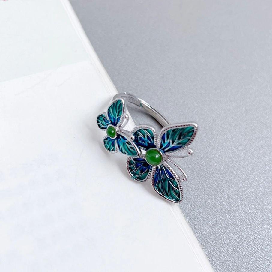 S925 Silver Enamel Craftsmanship Double Butterfly Ring Women's Retro Ethnic Style Literary Style Lively temperament Exquisite Finger