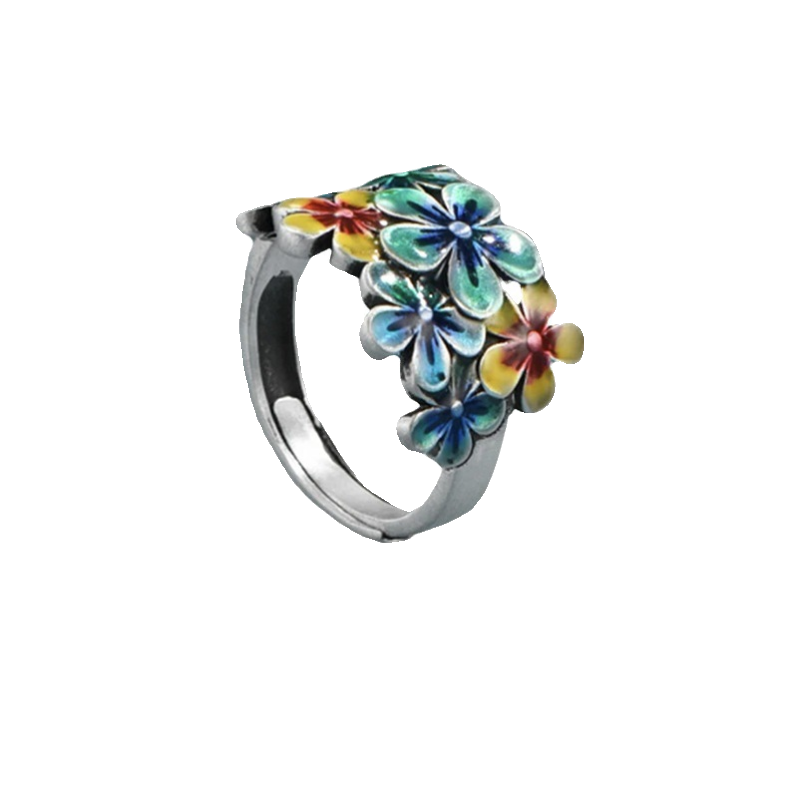 S925 Silver Enamel Ring, Women's Floral Blossoms Like Brocade, Atmospheric Ring, Drip Glue, Retro Ethnic Style, Pure Handmade Opening