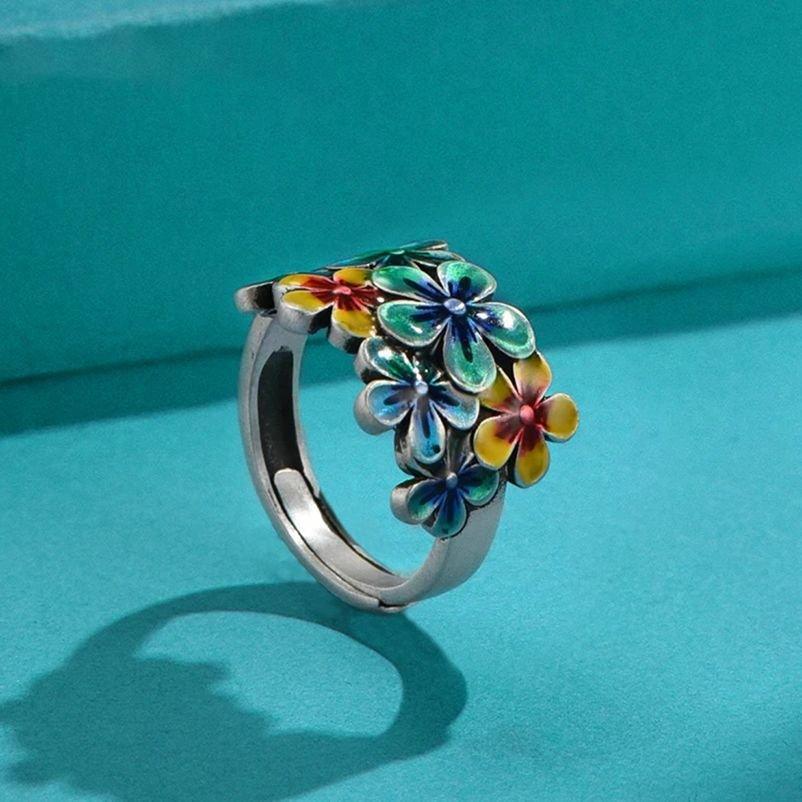 S925 Silver Enamel Ring, Women's Floral Blossoms Like Brocade, Atmospheric Ring, Drip Glue, Retro Ethnic Style, Pure Handmade Opening