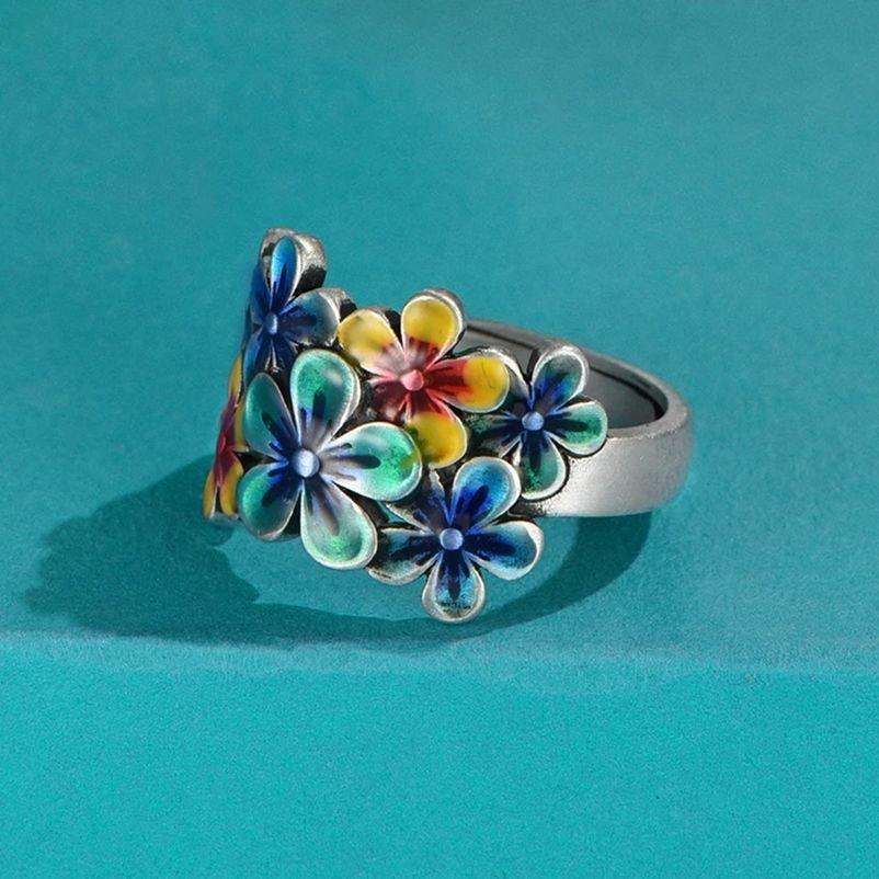 S925 Silver Enamel Ring, Women's Floral Blossoms Like Brocade, Atmospheric Ring, Drip Glue, Retro Ethnic Style, Pure Handmade Opening