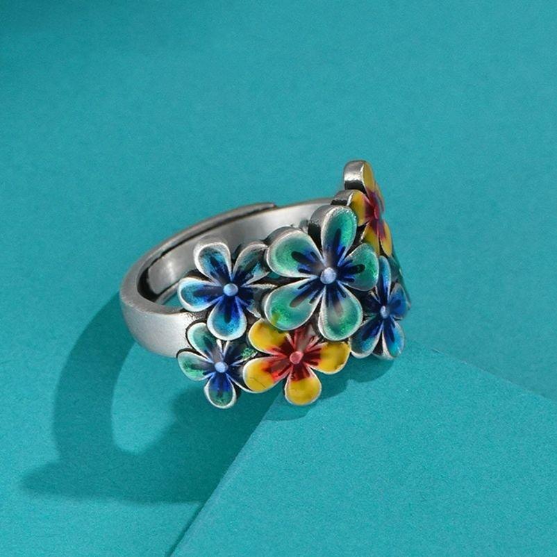 S925 Silver Enamel Ring, Women's Floral Blossoms Like Brocade, Atmospheric Ring, Drip Glue, Retro Ethnic Style, Pure Handmade Opening