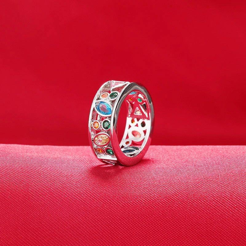 S925 Silver European and American Exquisite Hollow Rainbow Diamond Geometric Ring with Fashionable and Simple Zircon Handmade Jewelry, Fashionable and Light Luxury