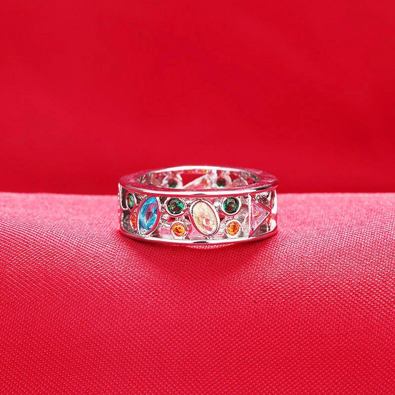 S925 Silver European and American Exquisite Hollow Rainbow Diamond Geometric Ring with Fashionable and Simple Zircon Handmade Jewelry, Fashionable and Light Luxury