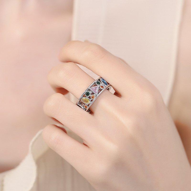 S925 Silver European and American Exquisite Hollow Rainbow Diamond Geometric Ring with Fashionable and Simple Zircon Handmade Jewelry, Fashionable and Light Luxury