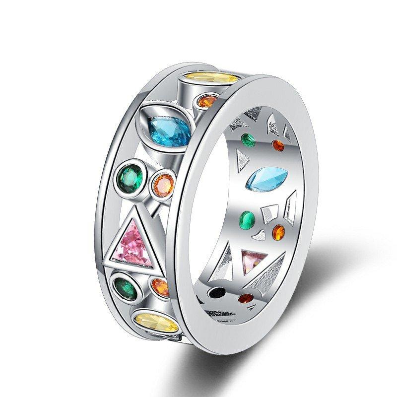 S925 Silver European and American Exquisite Hollow Rainbow Diamond Geometric Ring with Fashionable and Simple Zircon Handmade Jewelry, Fashionable and Light Luxury