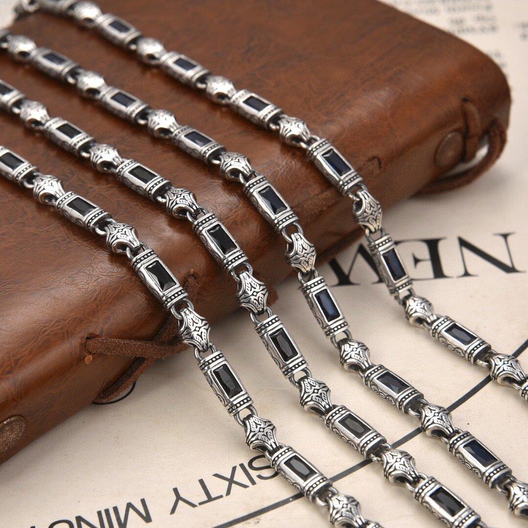 S925 Silver Heavy Industry Türkiye Style Tang Grass Pattern Stone Inlaid Necklace Wide Five Men and Women Fashion New Elegant