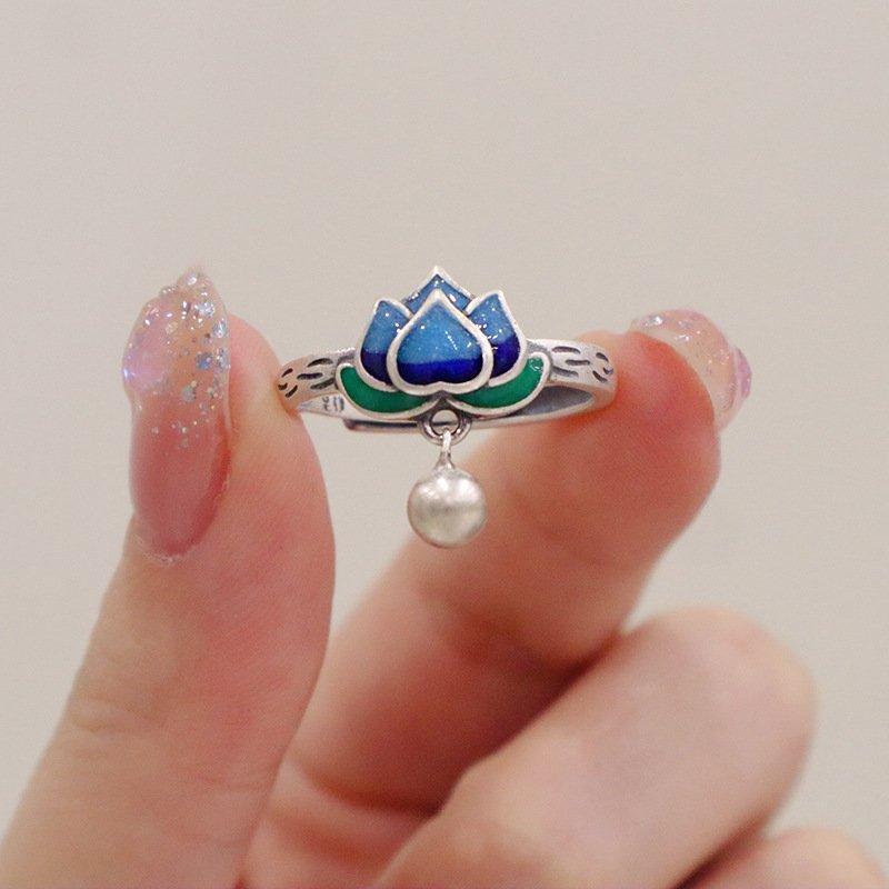 S925 Silver New Enamel Craft Ring for Women China-Chic Literature and Art Retro Lotus Cloisonne Opening Adjustment Ring