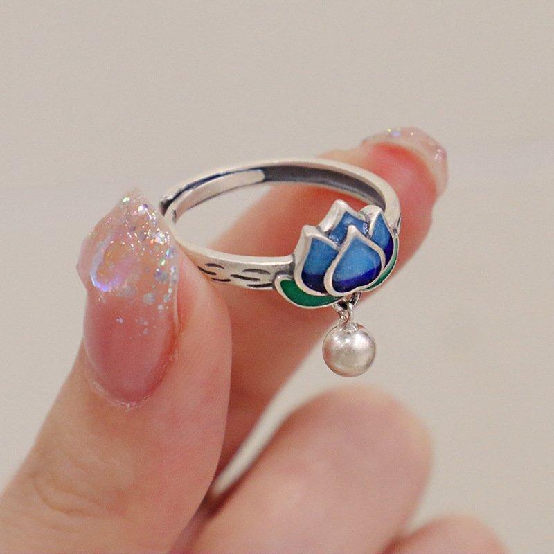 S925 Silver New Enamel Craft Ring for Women China-Chic Literature and Art Retro Lotus Cloisonne Opening Adjustment Ring