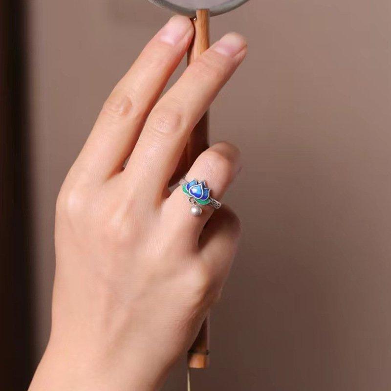 S925 Silver New Enamel Craft Ring for Women China-Chic Literature and Art Retro Lotus Cloisonne Opening Adjustment Ring