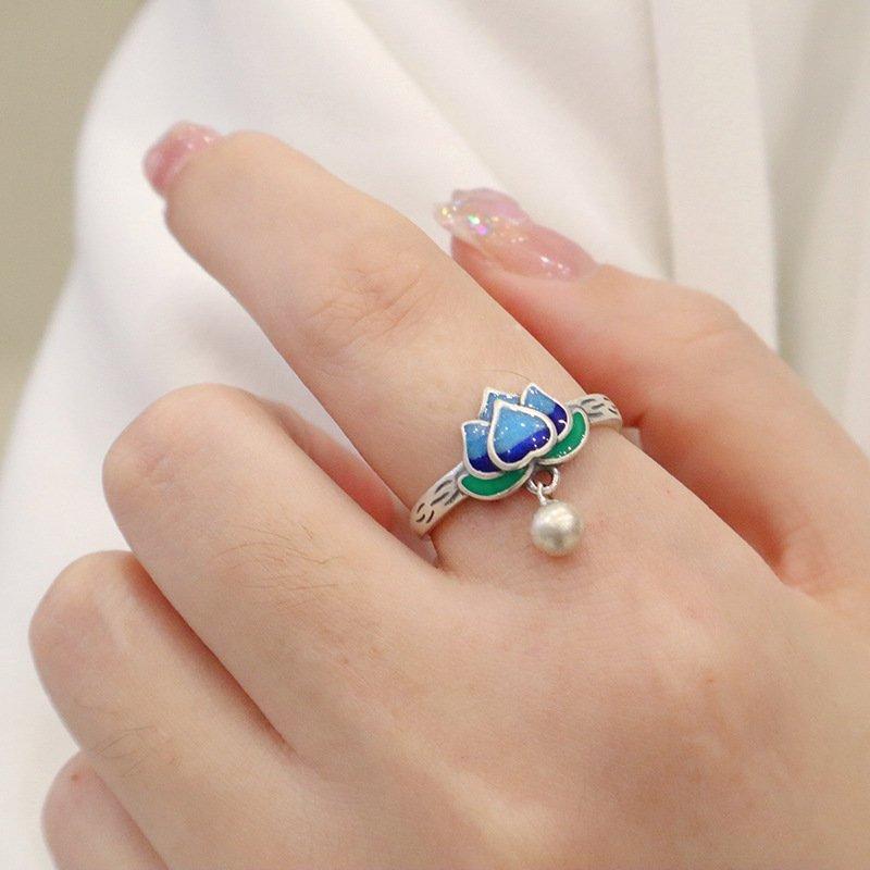 S925 Silver New Enamel Craft Ring for Women China-Chic Literature and Art Retro Lotus Cloisonne Opening Adjustment Ring