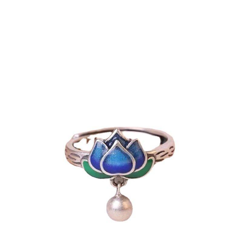 S925 Silver New Enamel Craft Ring for Women China-Chic Literature and Art Retro Lotus Cloisonne Opening Adjustment Ring